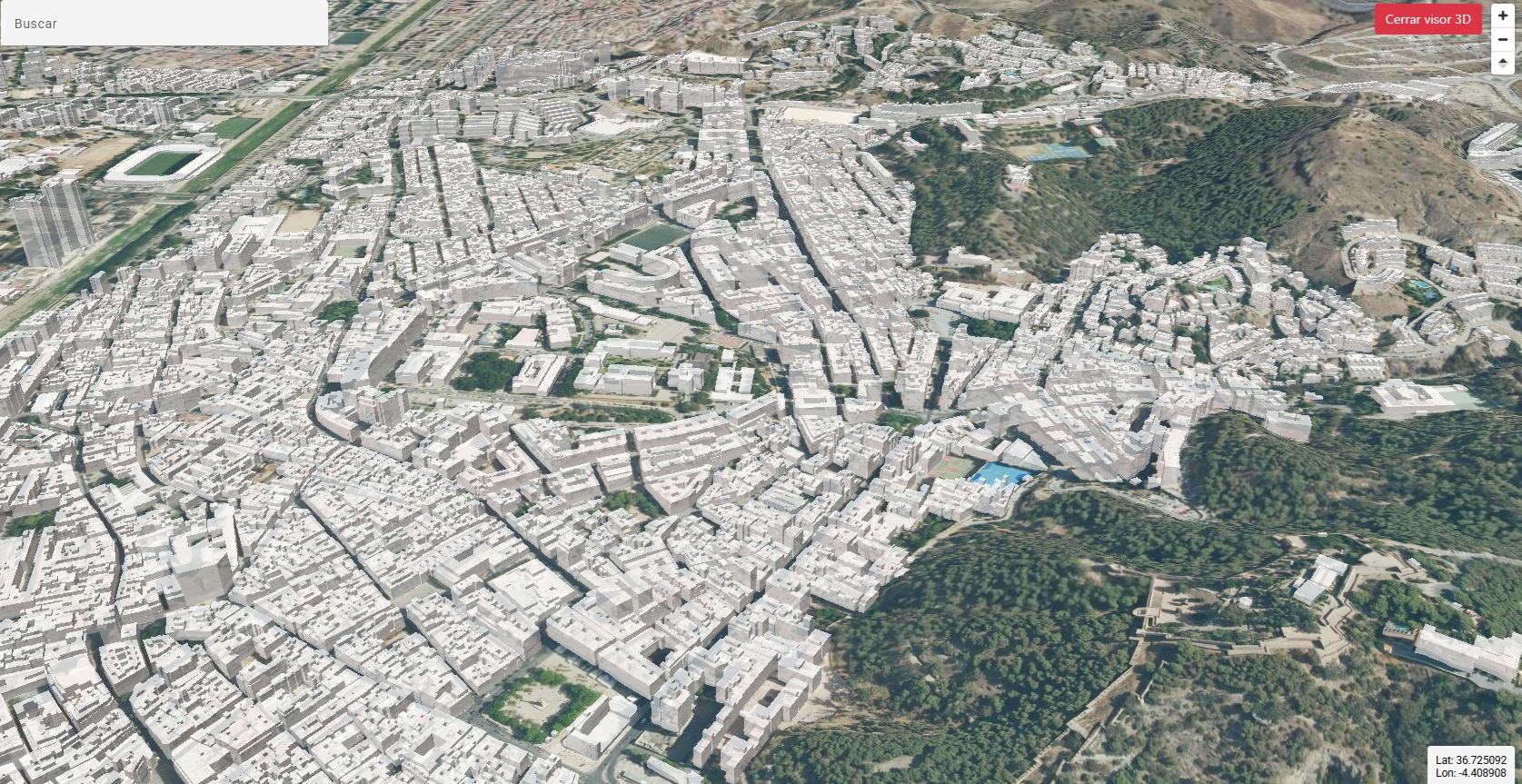 Visualizador geoMalaga en vista 3D con representación del territorio