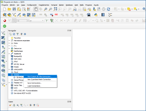 Panel Navegador de QGIS con la opción para crear una nueva conexión a Cesium 3D Tiles