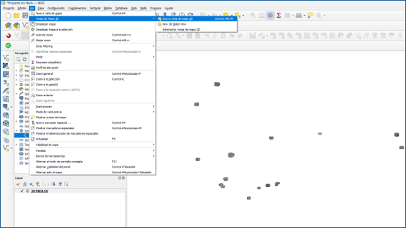 Menú de QGIS con la opción para abrir una nueva vista de mapa 3D