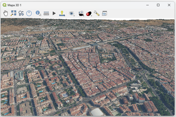Vista tridimensional de los modelos urbanos del servicio 3D Tiles en QGIS