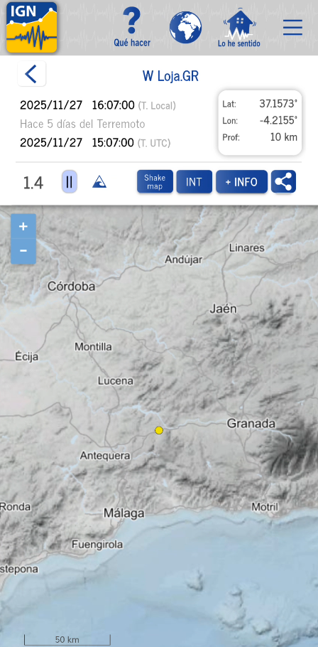 Detalle de un sismo en la aplicación móvil IGN Terremotos