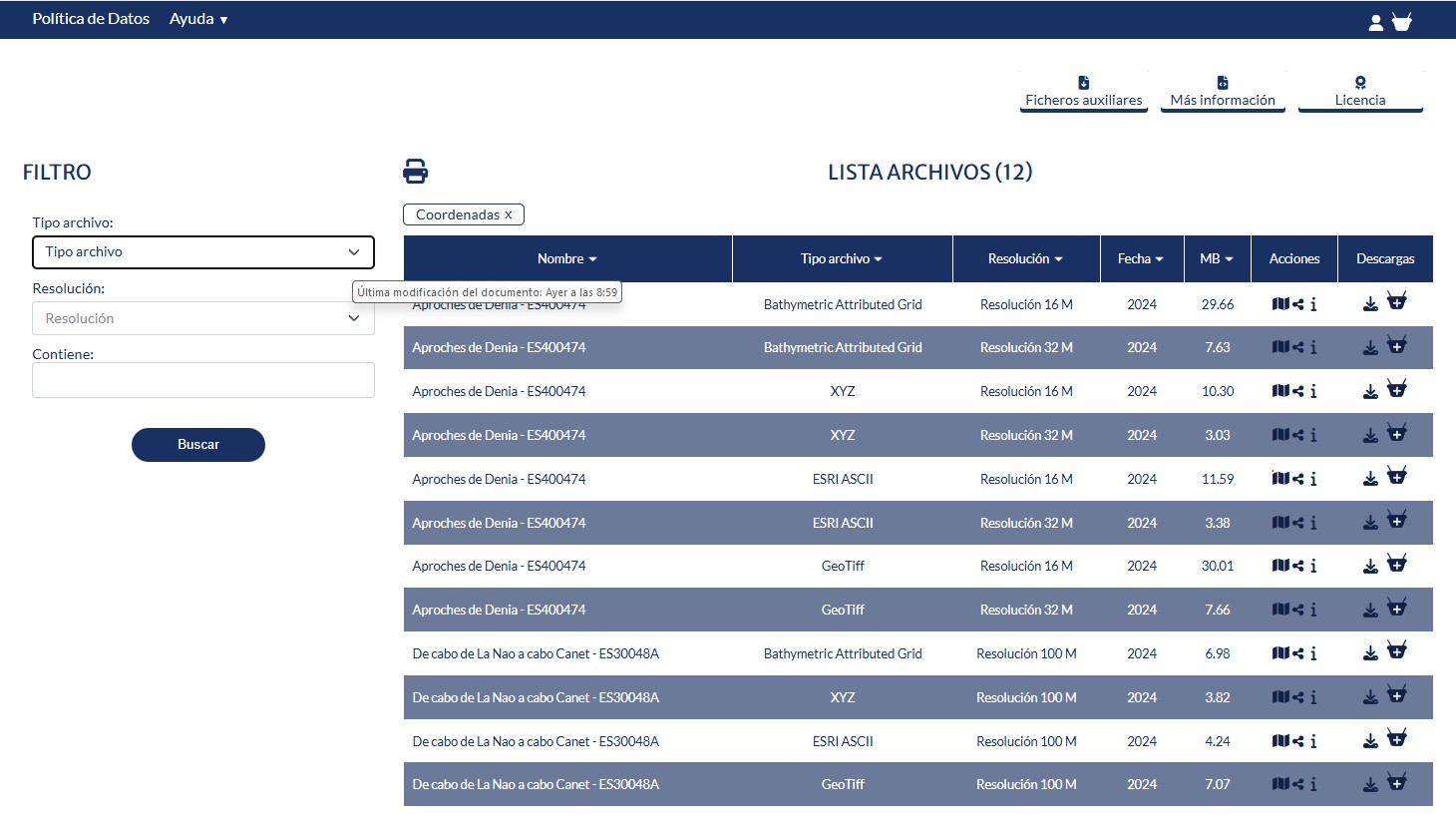 Vista del portal del Centro de Descargas del IHM mostrando productos asociados a un punto en el mapa