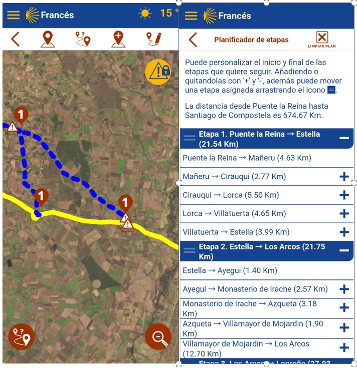 Captura de pantalla de la aplicación Caminos de Santiago mostrando el trazado del camino y los puntos de interés