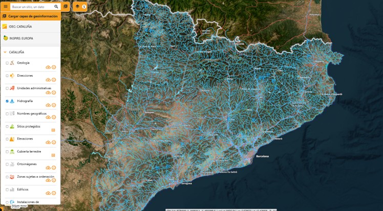 Captura del visualizador IDEC mostrando la hidrografía de Cataluña