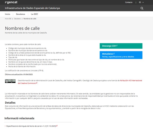 Vista de la sección Geodatos del portal IDEC, mostrando nombres de calle