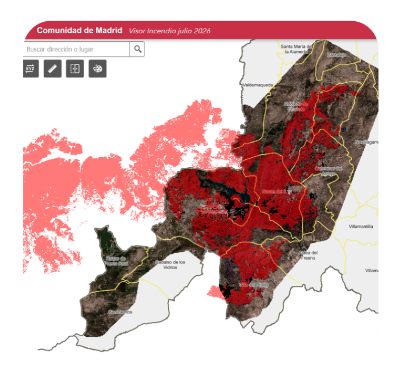 Visualizador del incendio en la Sierra Oeste, julio  de 2026