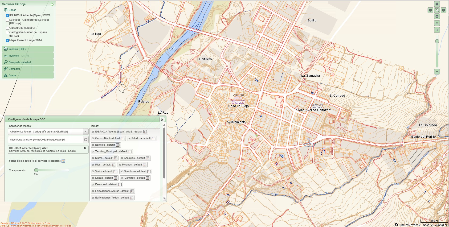 Vista del Geovisor IDERioja mostrando cartografía urbana de Alberite