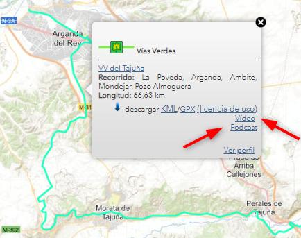 Detalle de la información de una Vía Verde en el visualizador Naturaleza, Cultura y Ocio