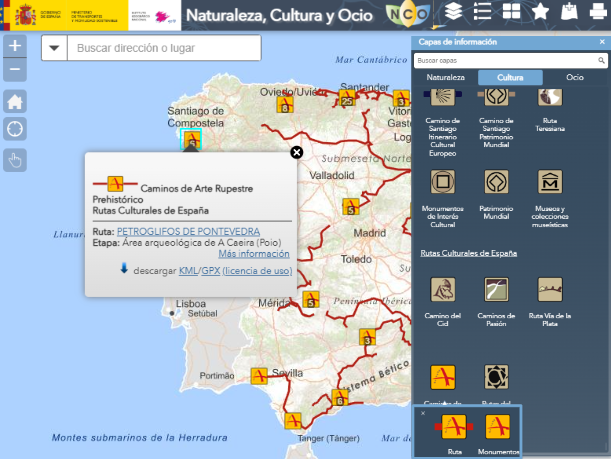 Vista del visualizador Naturaleza, Cultura y Ocio mostrando rutas culturales y monumentos de interés
