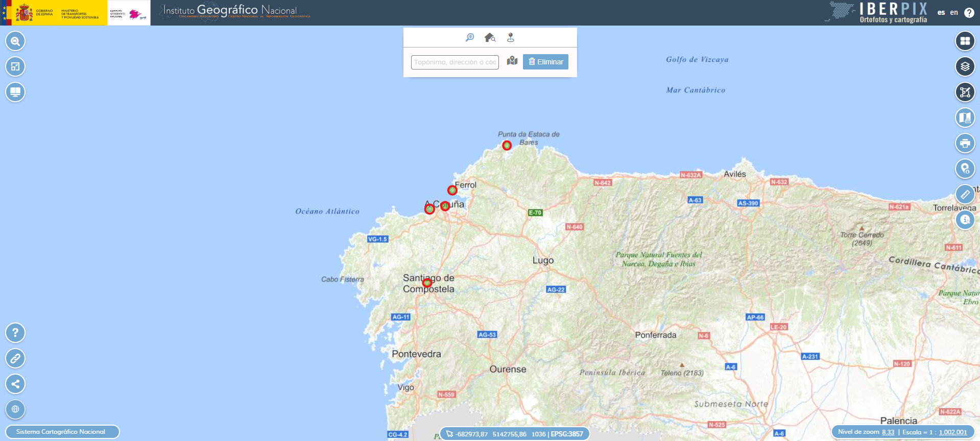 Mapa con las estaciones GNSS de la provincia de A Coruña resaltadas en rojo