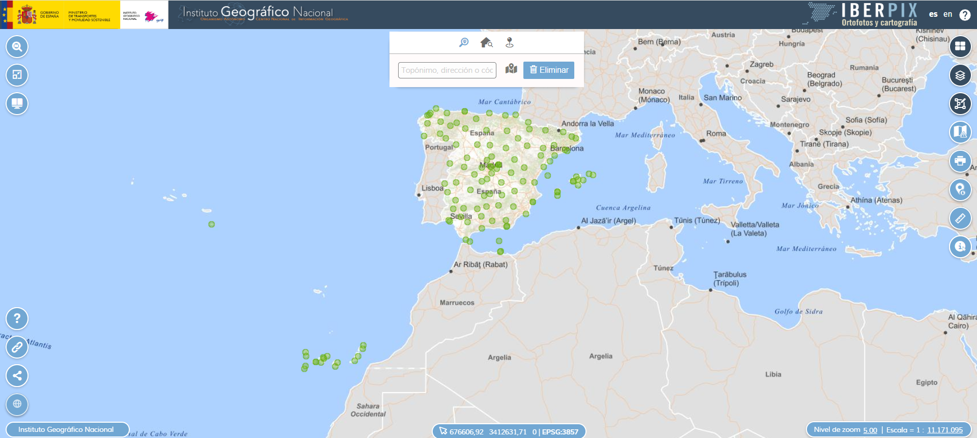 Visualización en IBERPIX de la capa Red de Estaciones de Referencia GNSS