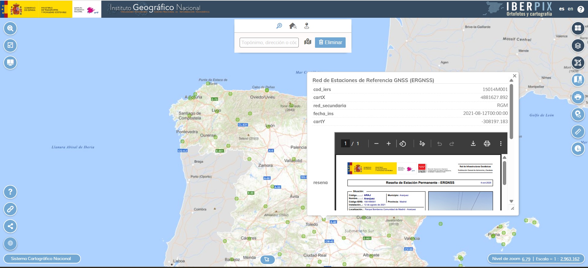 Ejemplo de información detallada de una estación GNSS en IBERPIX