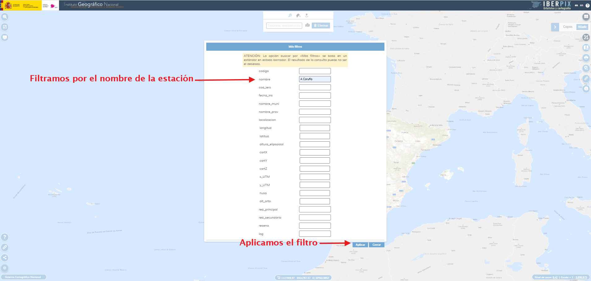 Aplicación de un filtro por nombre de estación en IBERPIX