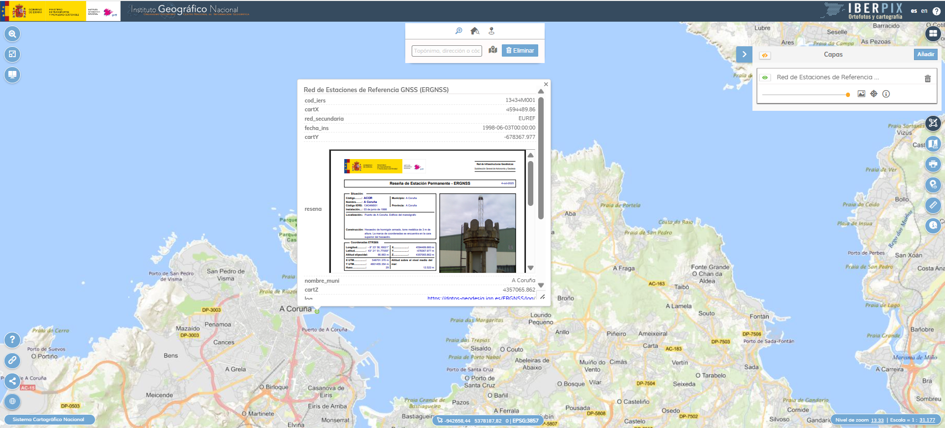 Resultado de un filtrado en el visor IBERPIX con una única estación GNSS