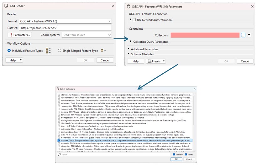 Configuración del lector OGC API Features en FME con la URL del servicio del CNIG