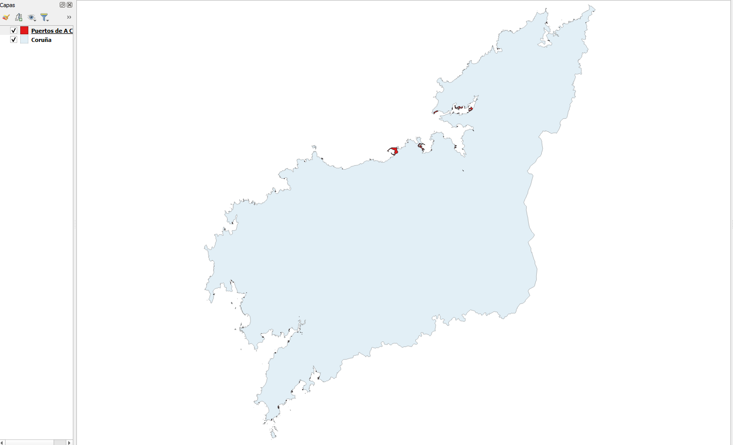 Visualización de los puertos de A Coruña en QGIS
