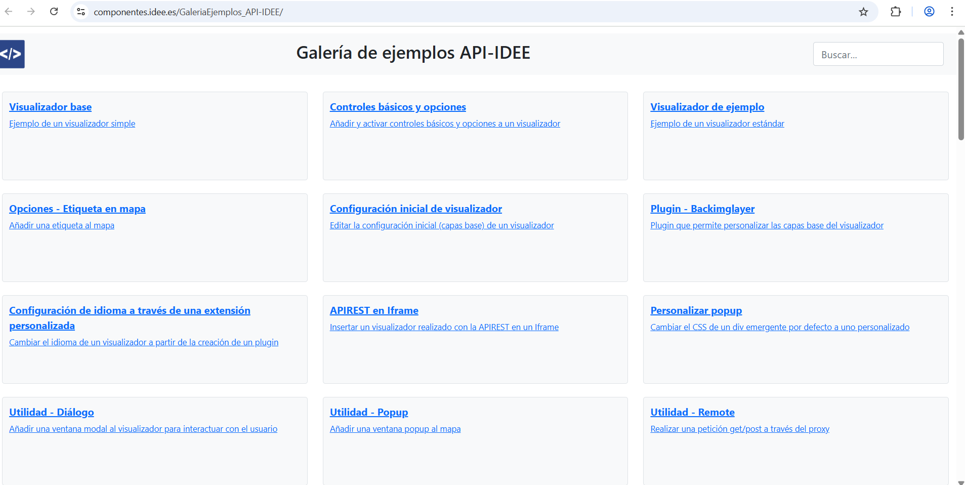 Captura de la galería de ejemplos de la API-IDEE con recursos de OGC API Features