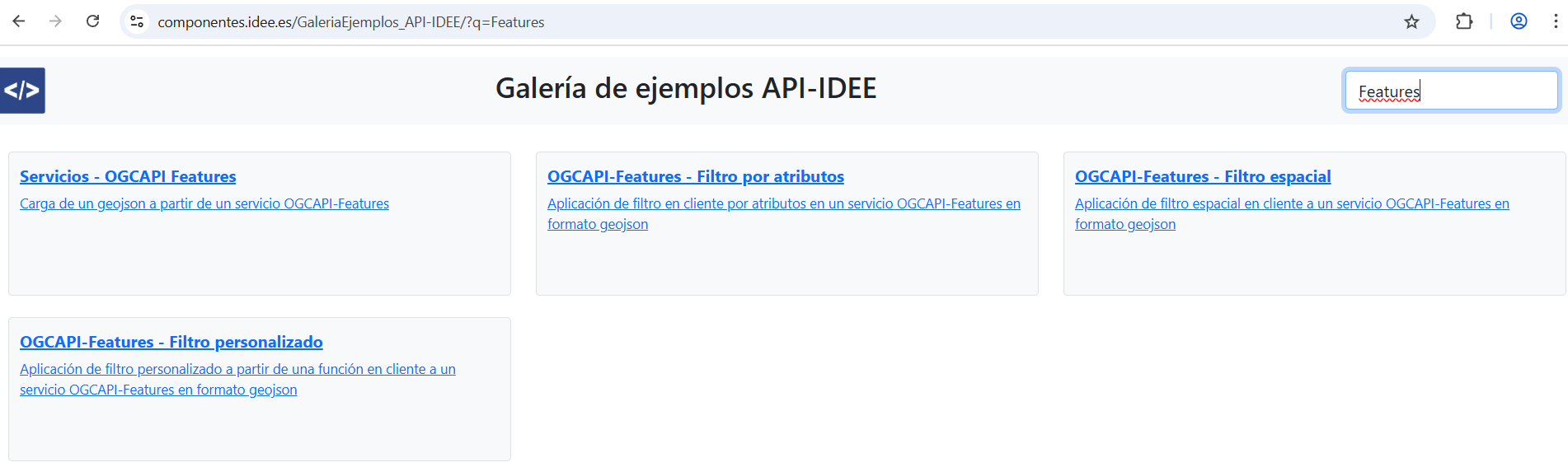 Buscador de ejemplos en la API-IDEE filtrado por la palabra clave Features