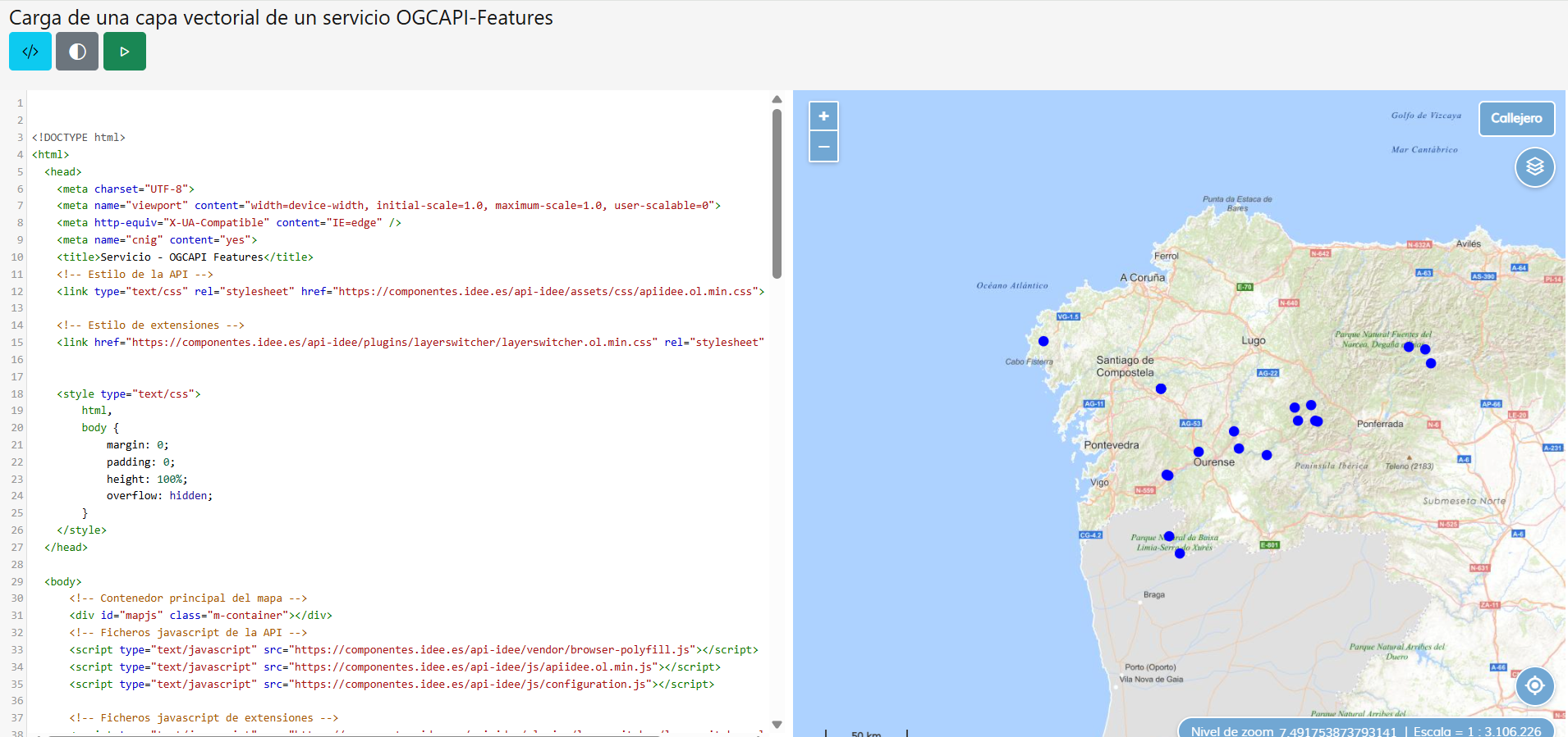 Ejemplo de carga de capa vectorial OGC API Features con la capa Falls en GeoJSON