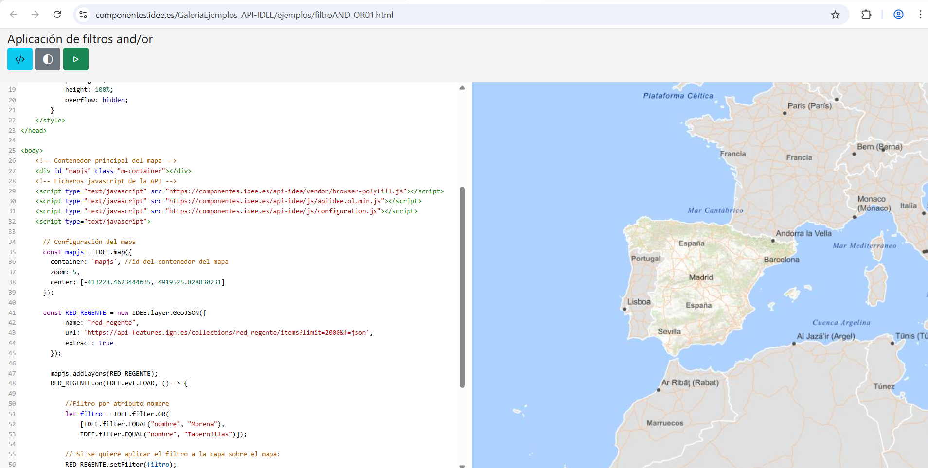 Ejemplo de filtro por atributos aplicado a un servicio OGC API Features en GeoJSON