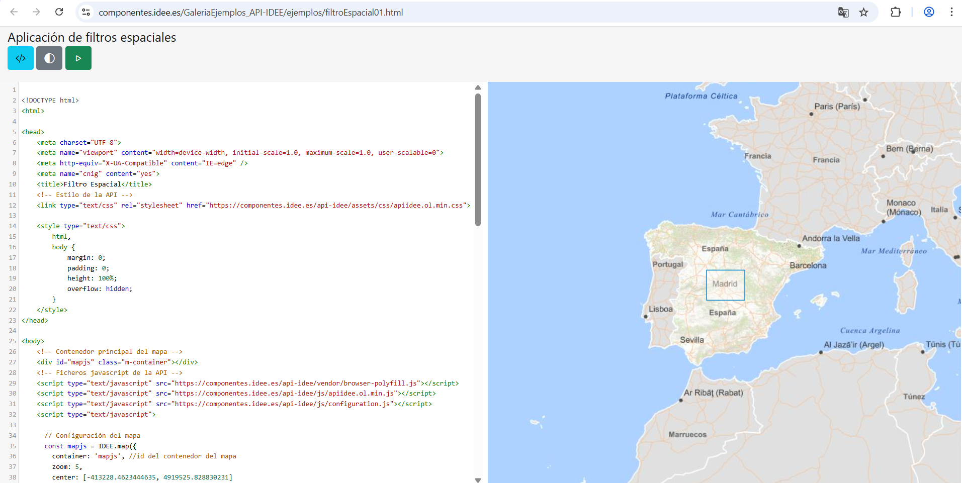 Ejemplo de filtro espacial aplicado a un servicio OGC API Features