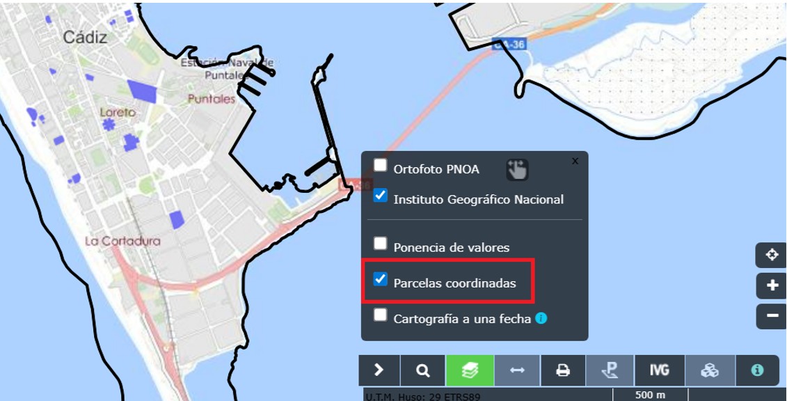 Activación de la capa Parcelas coordinadas en el visor cartográfico del Catastro
