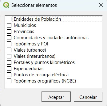 Tipos de elementos disponibles en el filtro