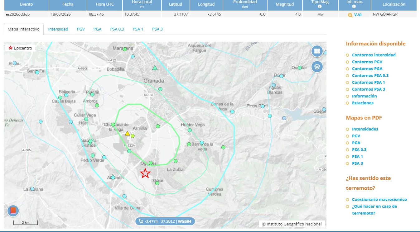 ShakeMap con una aproximación al movimiento del suelo causado por un terremoto