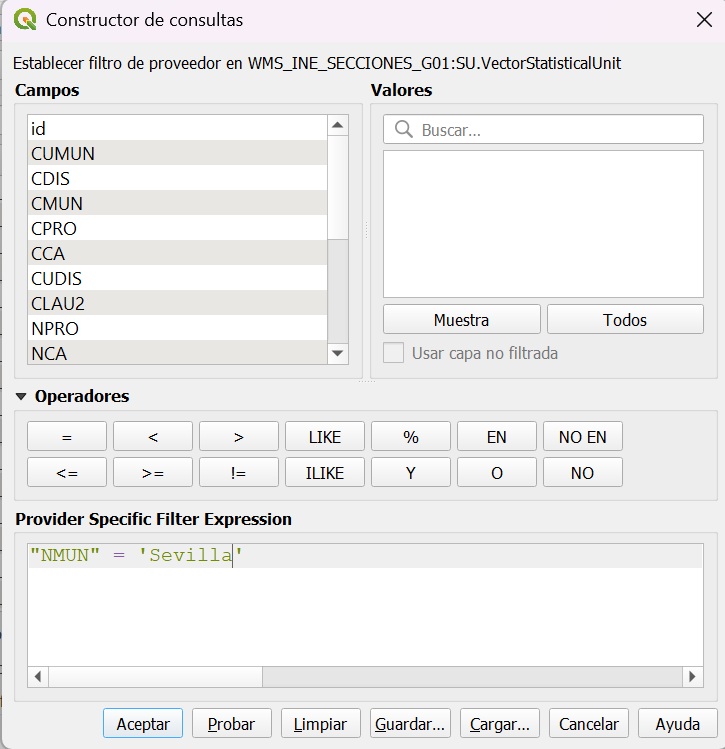 Filtro para obtener las secciones censales del municipio de Sevilla