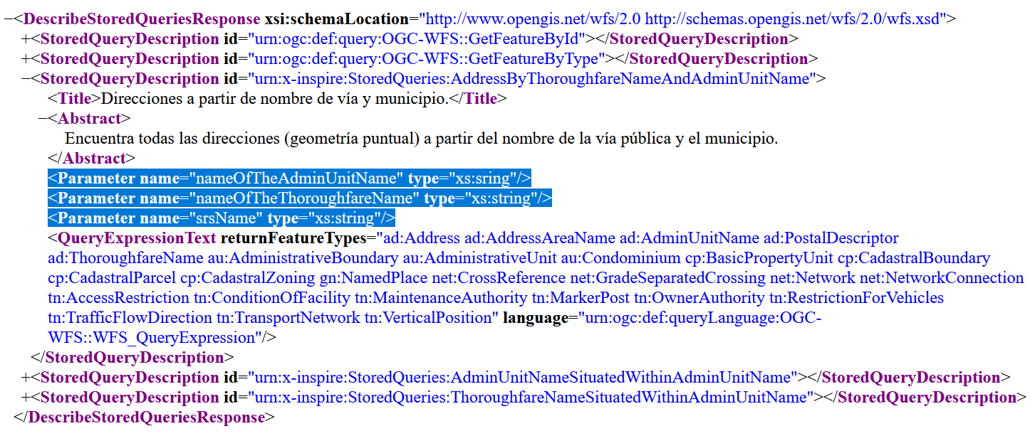 DescribeStoredQueries WFS de direcciones