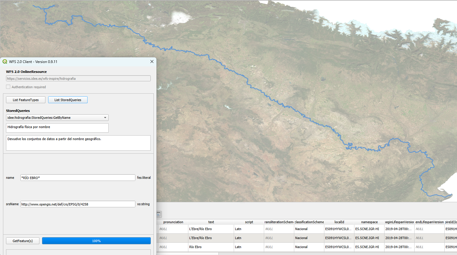 Plugin WFS 2.0 client. Consulta RÍO EBRO
