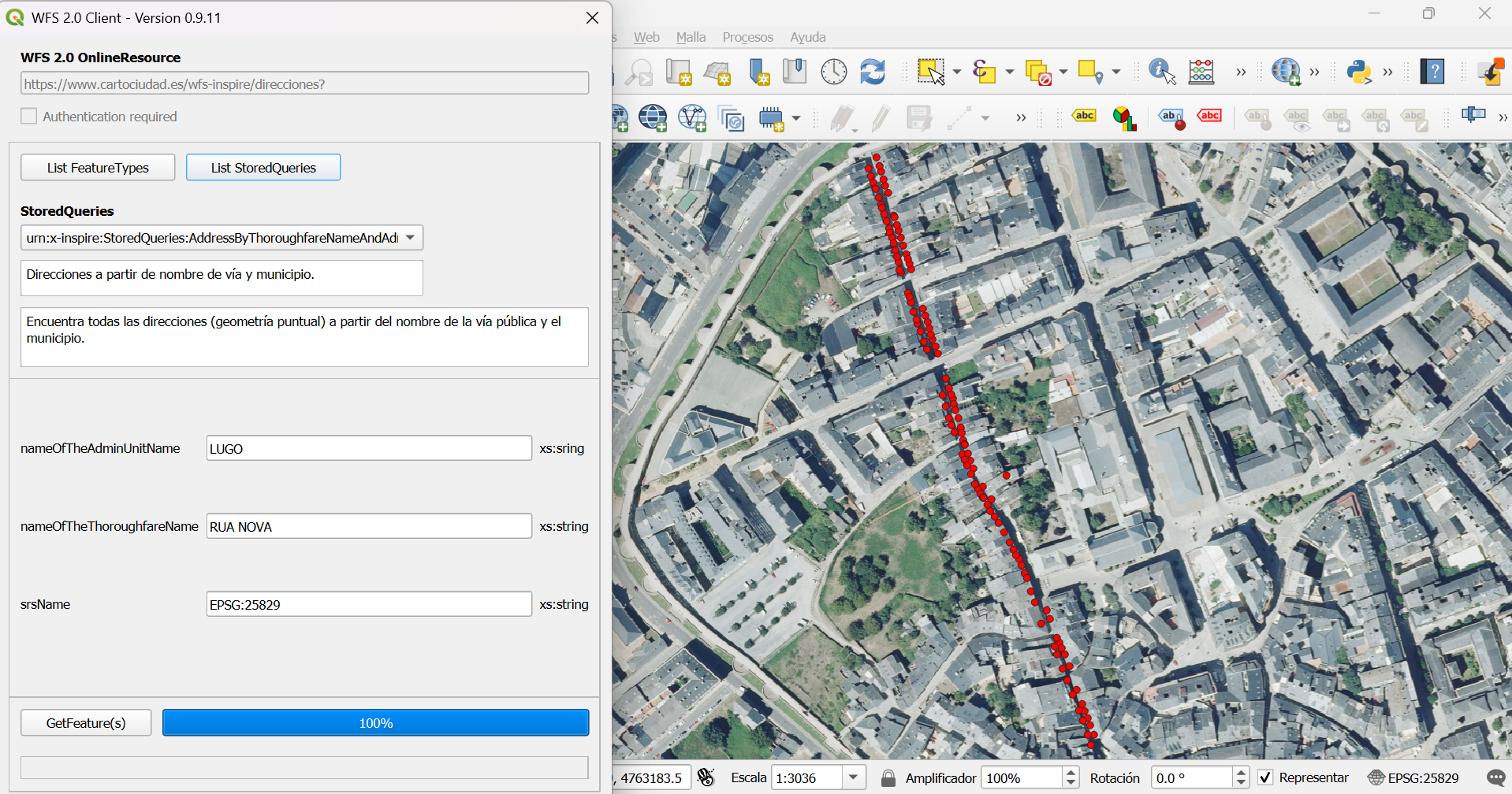 Plugin WFS 2.0 client. Consulta RUA NOVA, LUGO