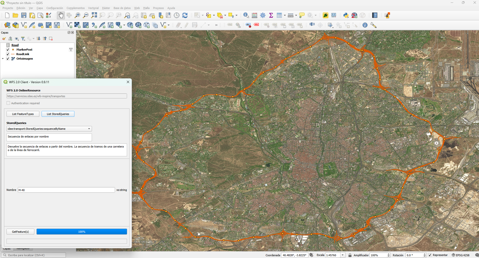 Plugin WFS 2.0 client. Consulta M-40