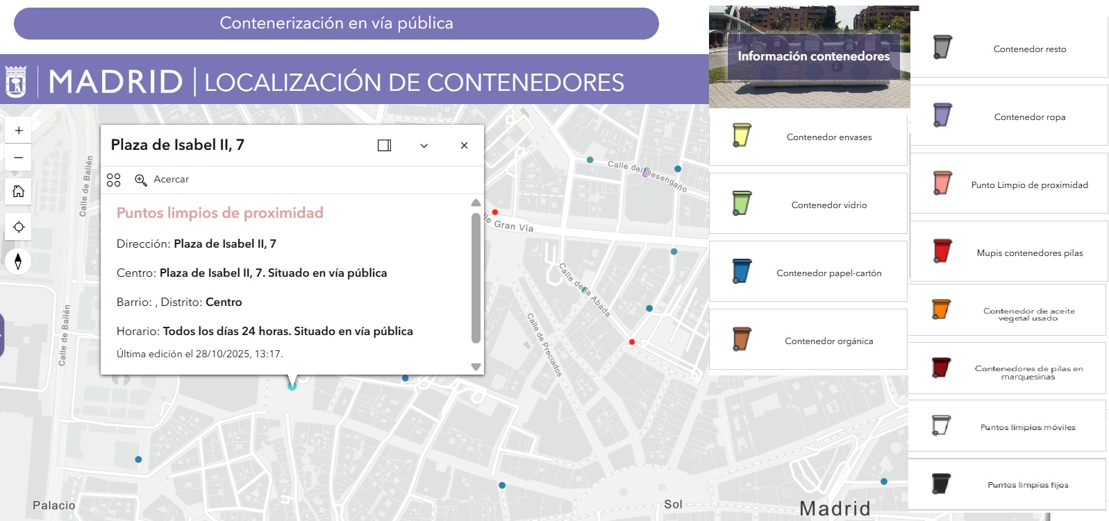 Ubicación de los contenedores de reciclaje en la ciudad de Madrid