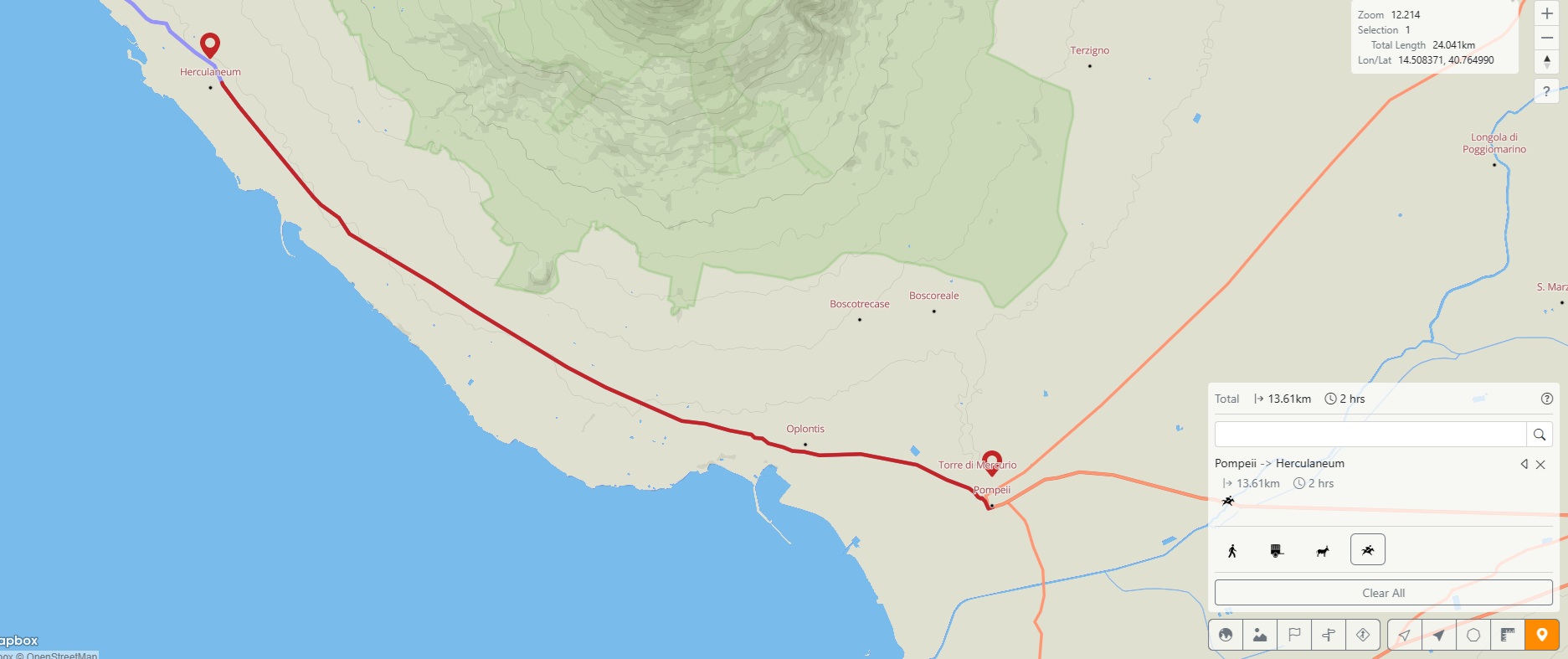 Tiempo de recorrido entre Pompeya y Herculano a caballo