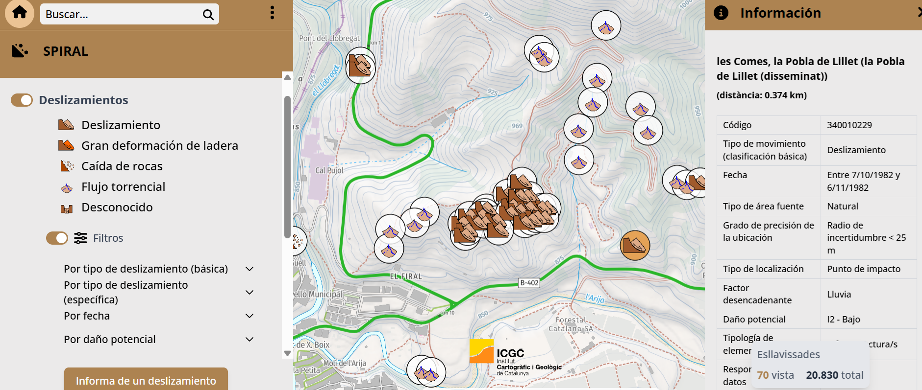 Vista del visualizador SPIRAL para consultar el inventario de movimientos de ladera del macizo pirenaico