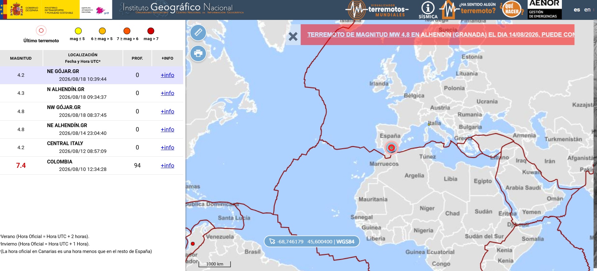 Visualizador de terremotos mundiales o lejanos del IGN