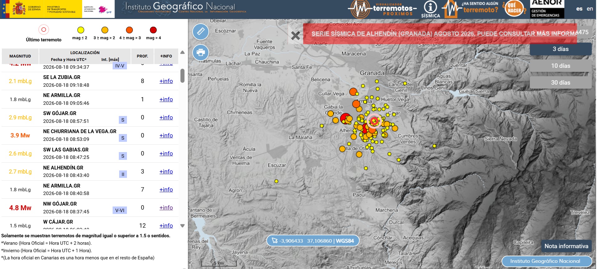 Visualizador de terremotos próximos del IGN