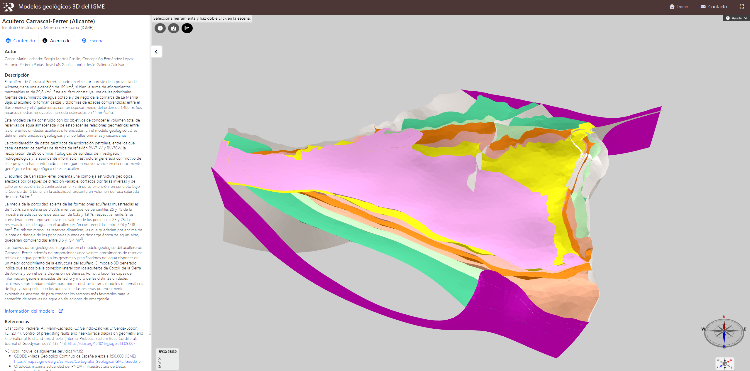 Visualizador 3D del IGME mostrando el modelo geológico del acuífero Carrascal-Ferrer