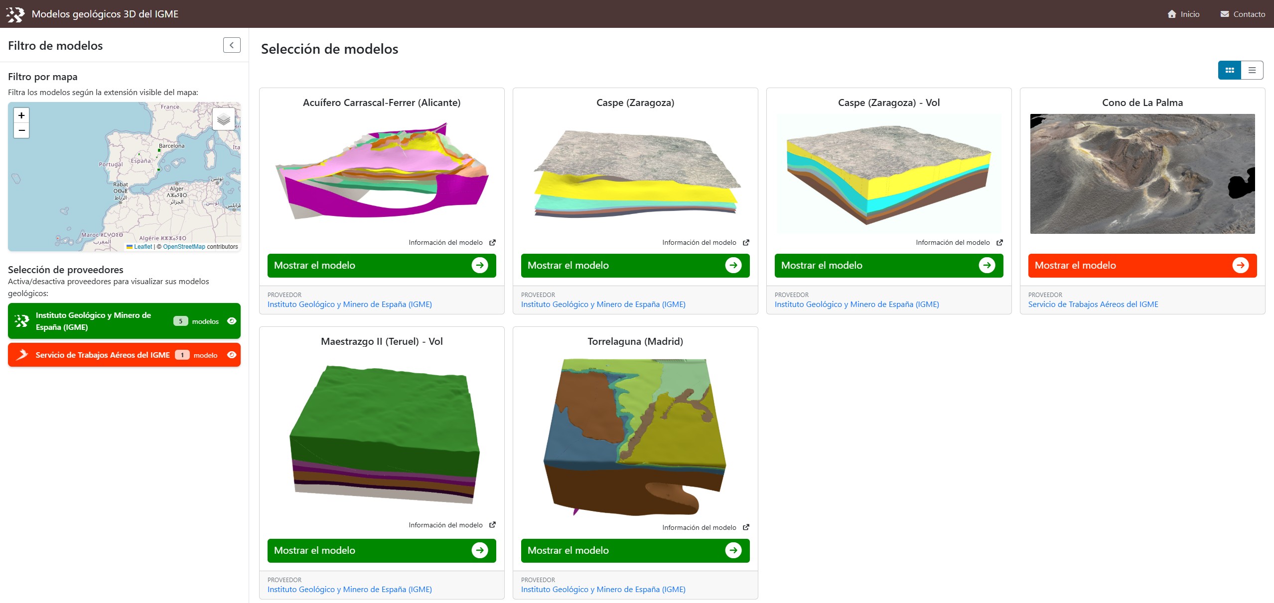 Selector de modelos geológicos en el visualizador 3D del IGME