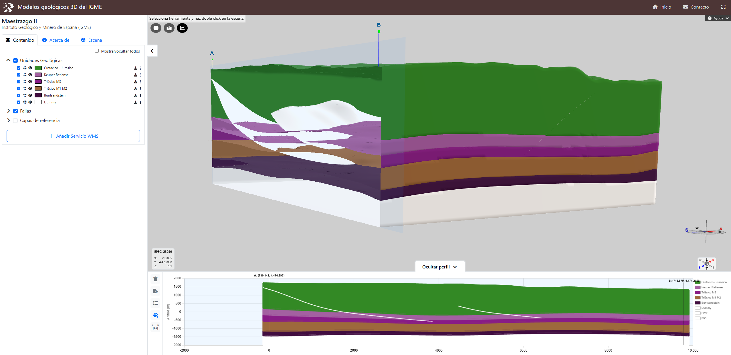 Corte geológico virtual generado en el modelo geológico de Maestrazgo II